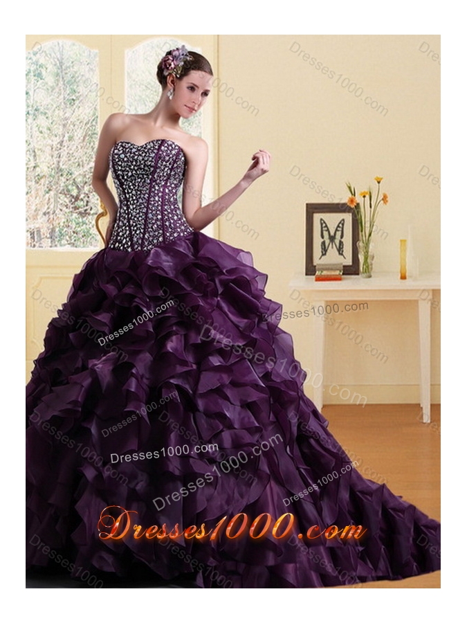 Sweetheart Burgundy Quinceanera Dress with Ruffles and Beading