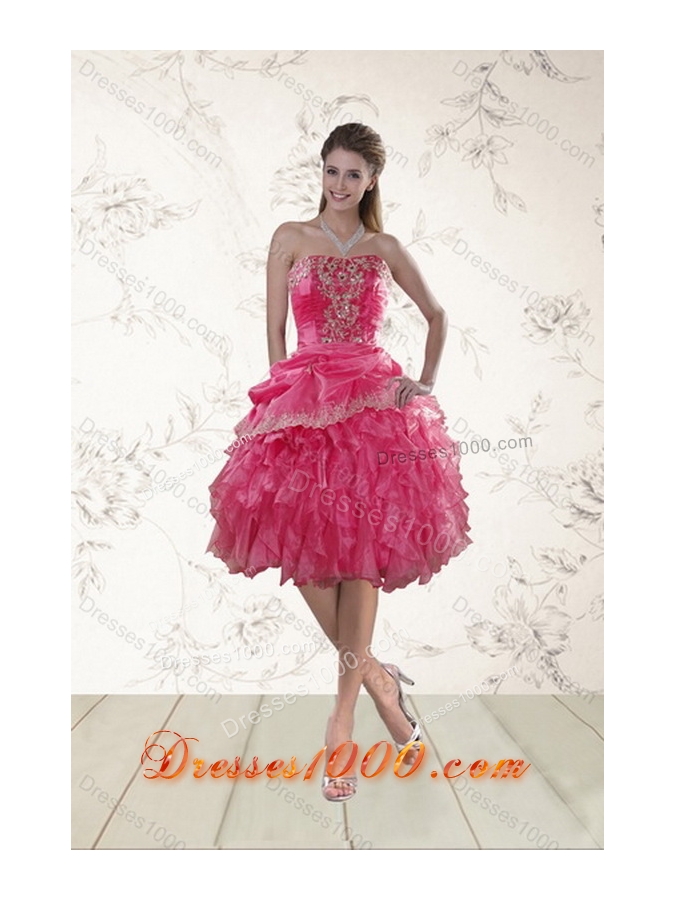 The Most Popular 2015 Hot Pink Quince Dresses with Ruffles and Appliques