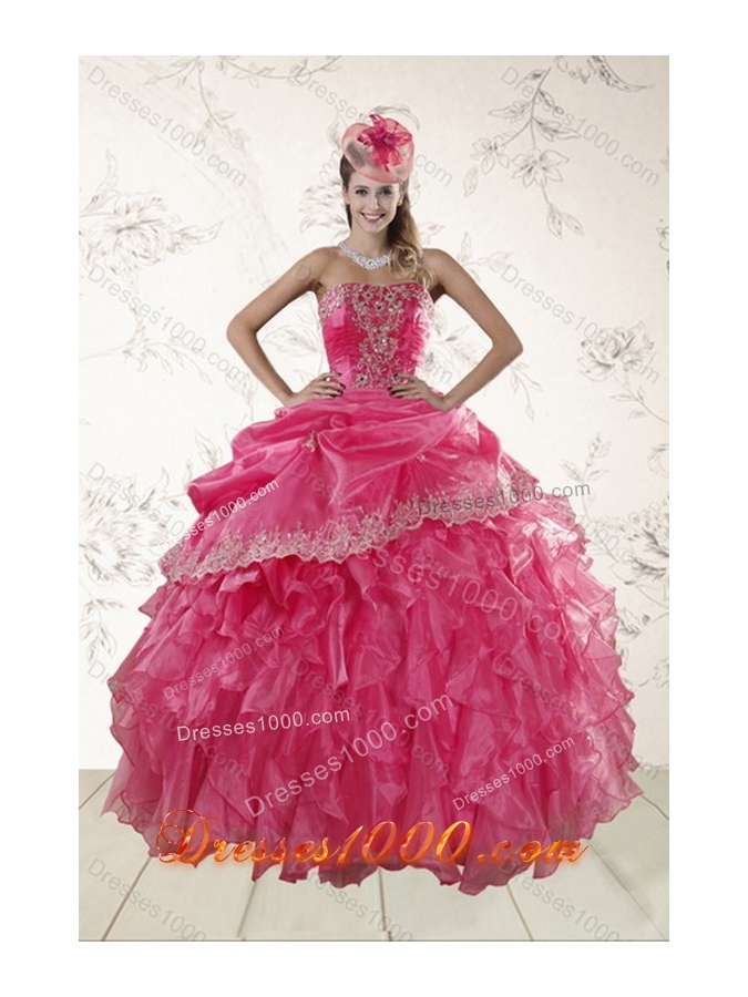 The Most Popular 2015 Hot Pink Quince Dresses with Ruffles and Appliques