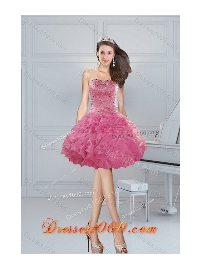 Unique and Detachable Luxurious Coral Red Quince Dresses with Beading and Ruffles