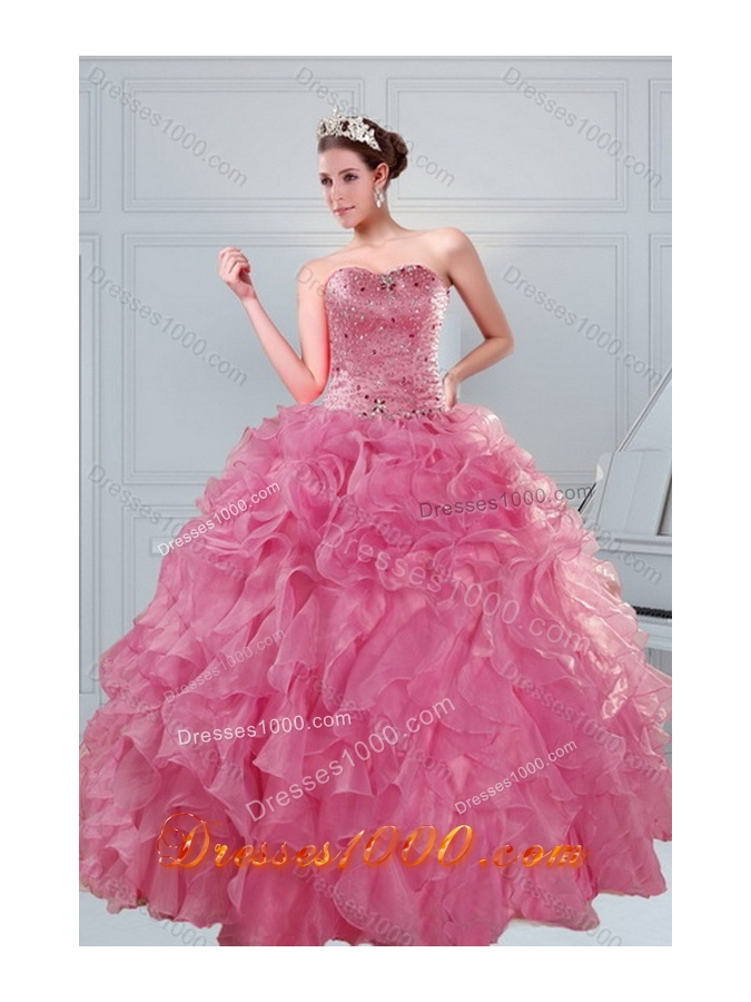 Unique and Detachable Luxurious Coral Red Quince Dresses with Beading and Ruffles