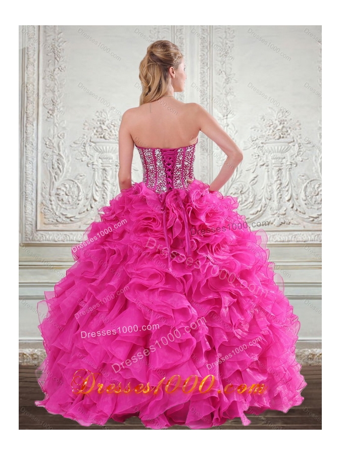 Vestidos de Sweetheart Hot Pink 2015 Quinceanera Gown with Beading and Ruffles