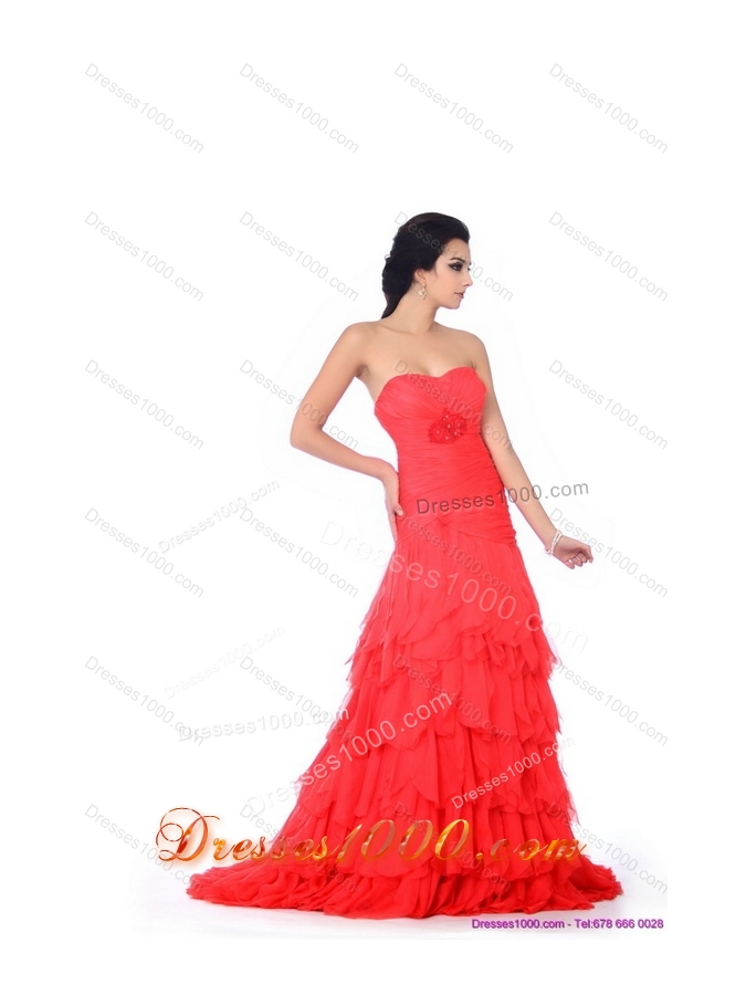 Brush Train Prom Dresses with Ruffled Layers and Beading