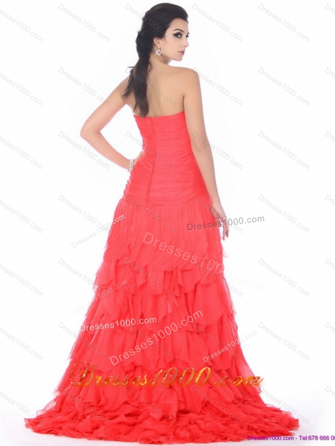 Brush Train Prom Dresses with Ruffled Layers and Beading
