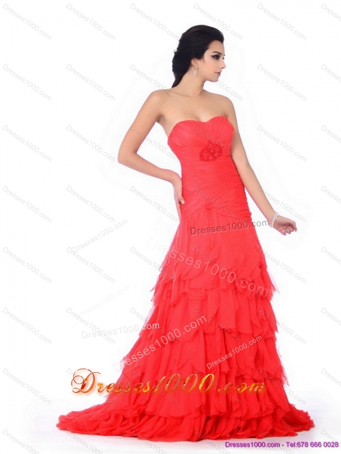 Brush Train Prom Dresses with Ruffled Layers and Beading