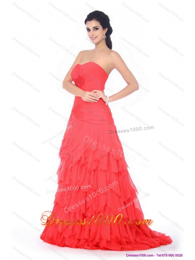 Brush Train Prom Dresses with Ruffled Layers and Beading