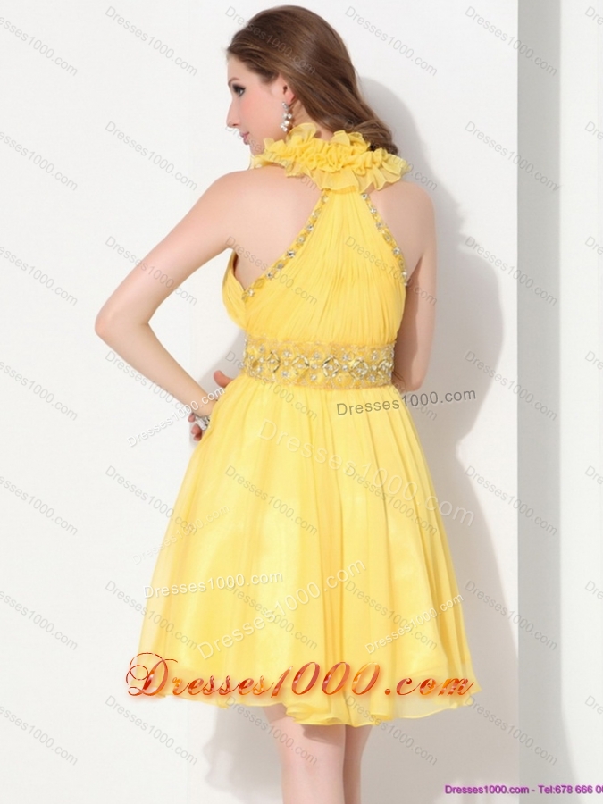 Halter Top Ruffled Prom Dresses with Beading