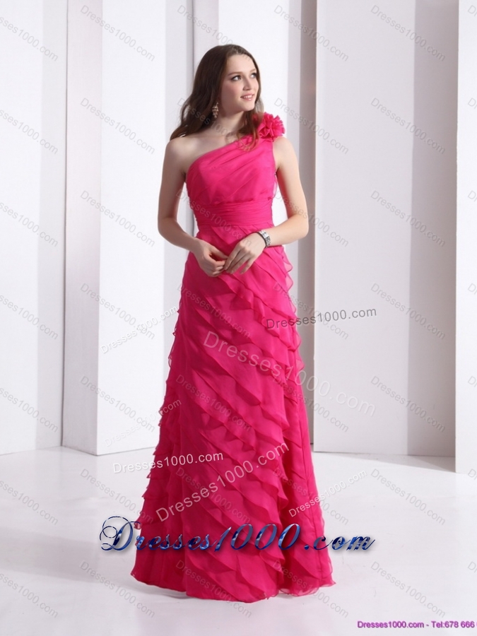 One Shoulder Prom Dresses with Ruffled Layers and Hand Made Flower