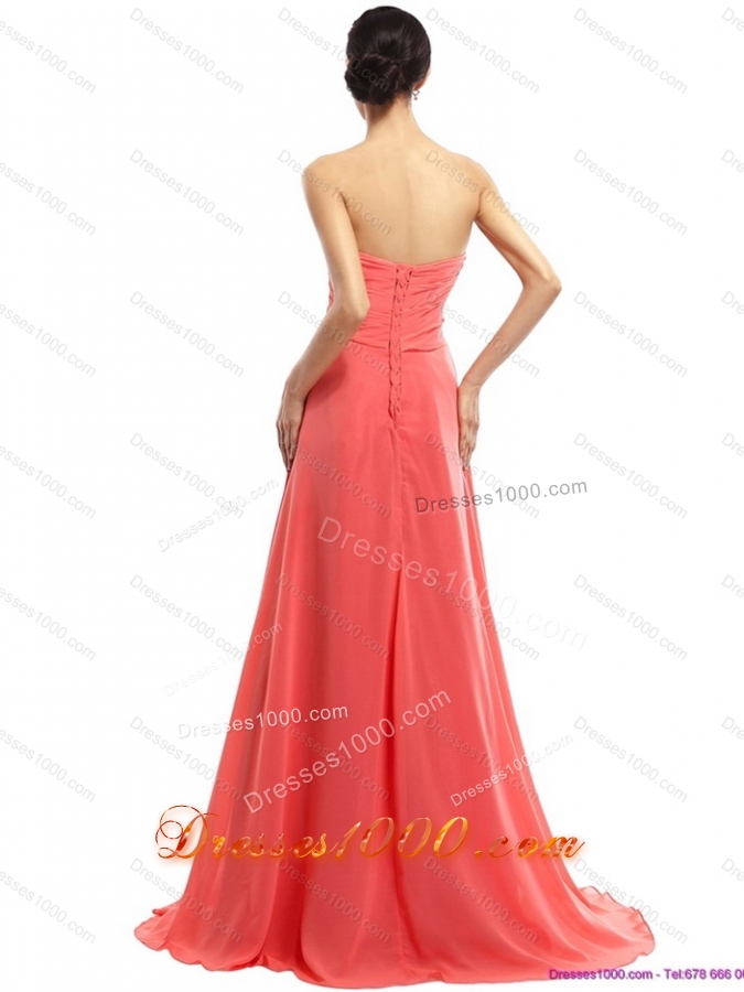 Watermelon Beading Long Prom Dresses with Ruching and Sweep Train