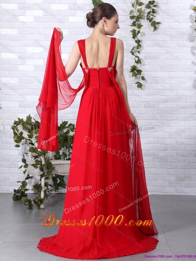 2015 Beautiful Empire Red Prom Dress with Brush Train and Beading