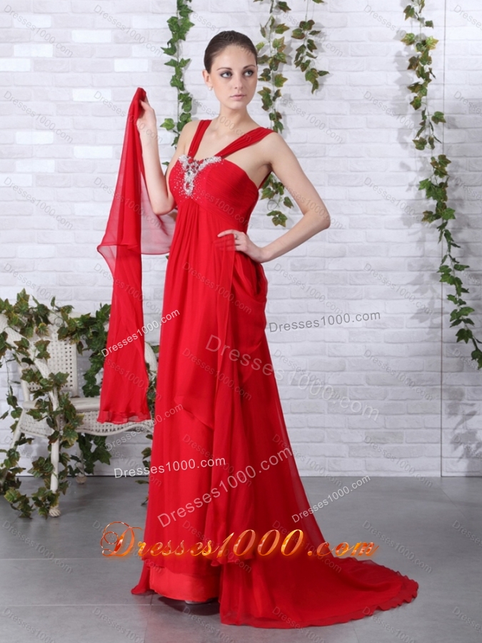 2015 Beautiful Empire Red Prom Dress with Brush Train and Beading