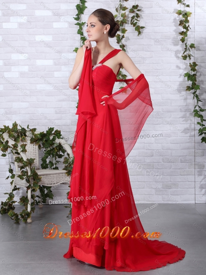 2015 Beautiful Empire Red Prom Dress with Brush Train and Beading