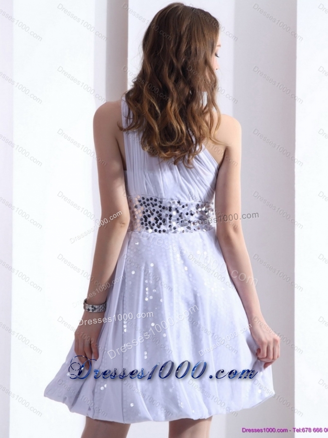 2015 Discount One Shoulder White Prom Dress with Ruching and Sequins