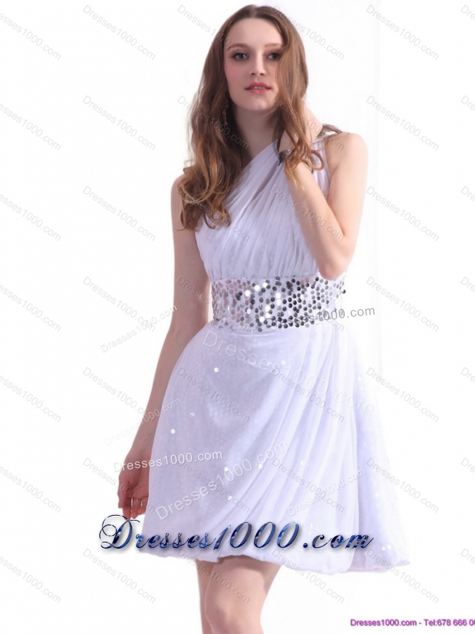 2015 Discount One Shoulder White Prom Dress with Ruching and Sequins