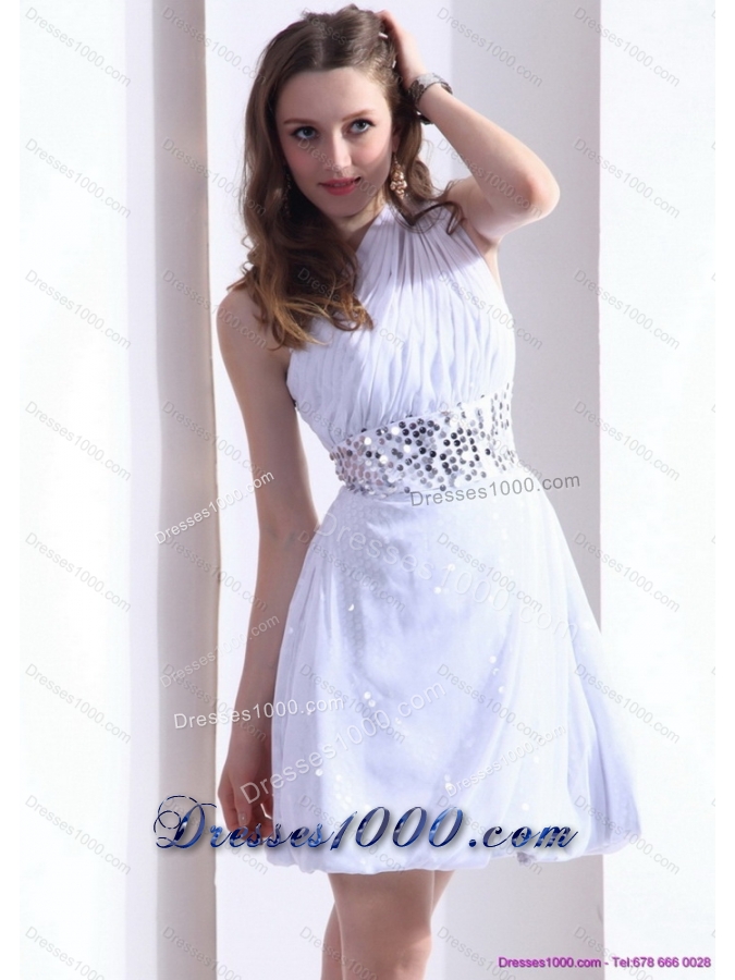2015 Discount One Shoulder White Prom Dress with Ruching and Sequins