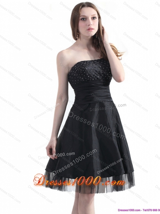 2015 Elegant Strapless Black Prom Dress with Ruching and Beading