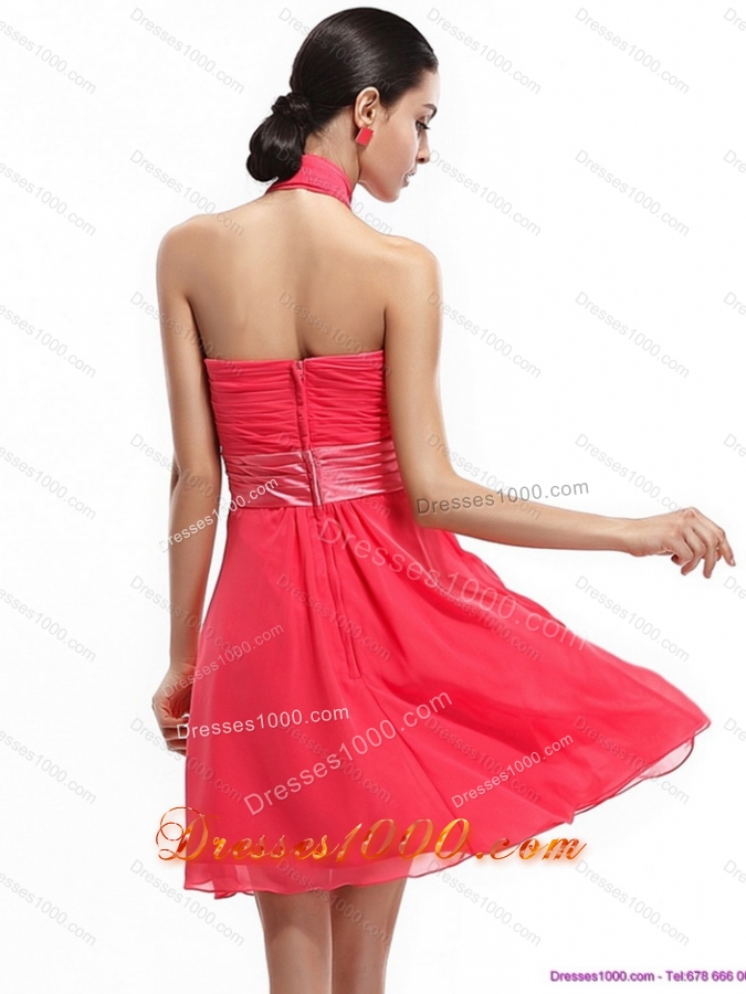 2015 Halter Top Prom Dresses with Ruching and Hand Made Flowers
