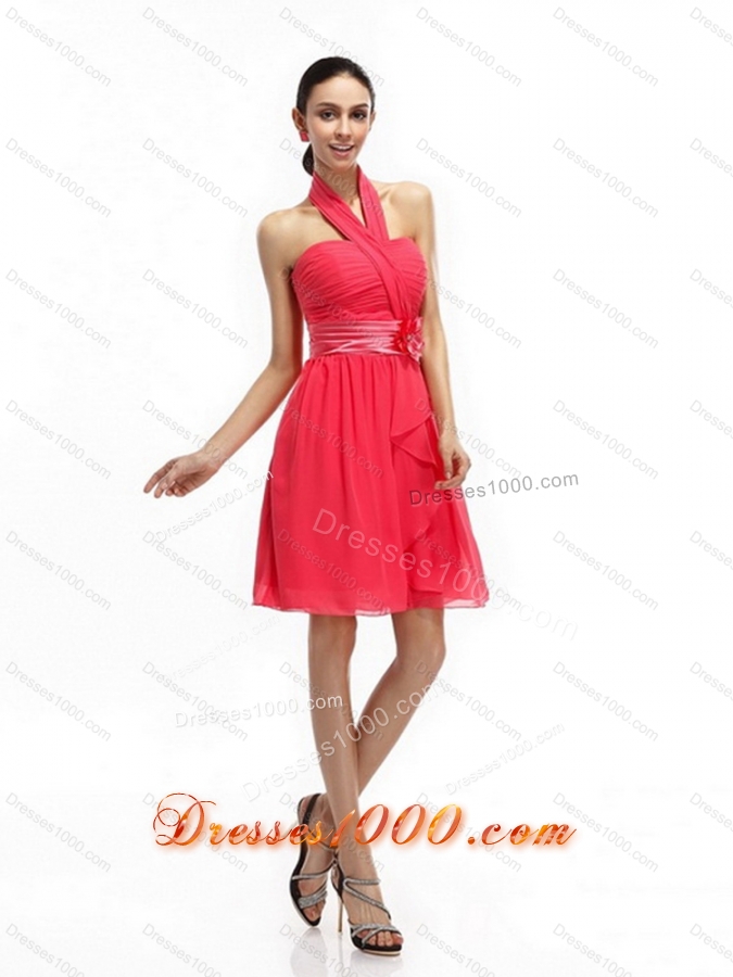 2015 Halter Top Prom Dresses with Ruching and Hand Made Flowers