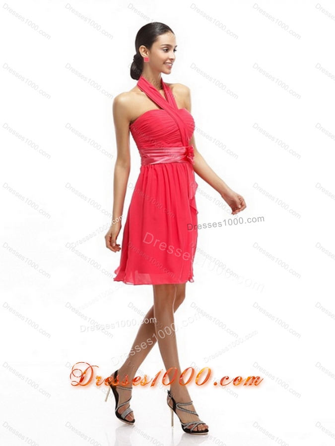 2015 Halter Top Prom Dresses with Ruching and Hand Made Flowers