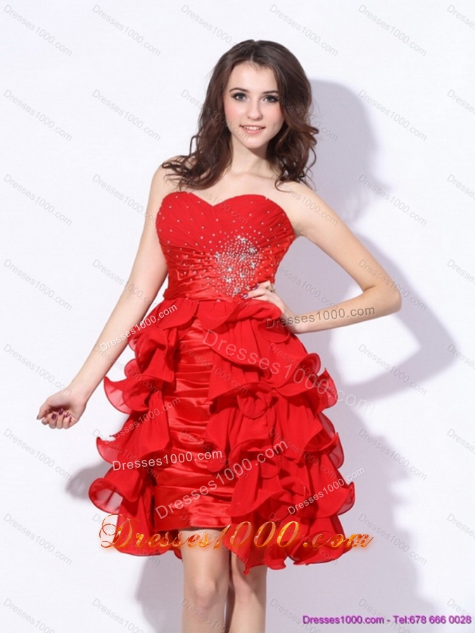 2015 Red Ruching Sweetheart Prom Dresses with Beading and Ruffles