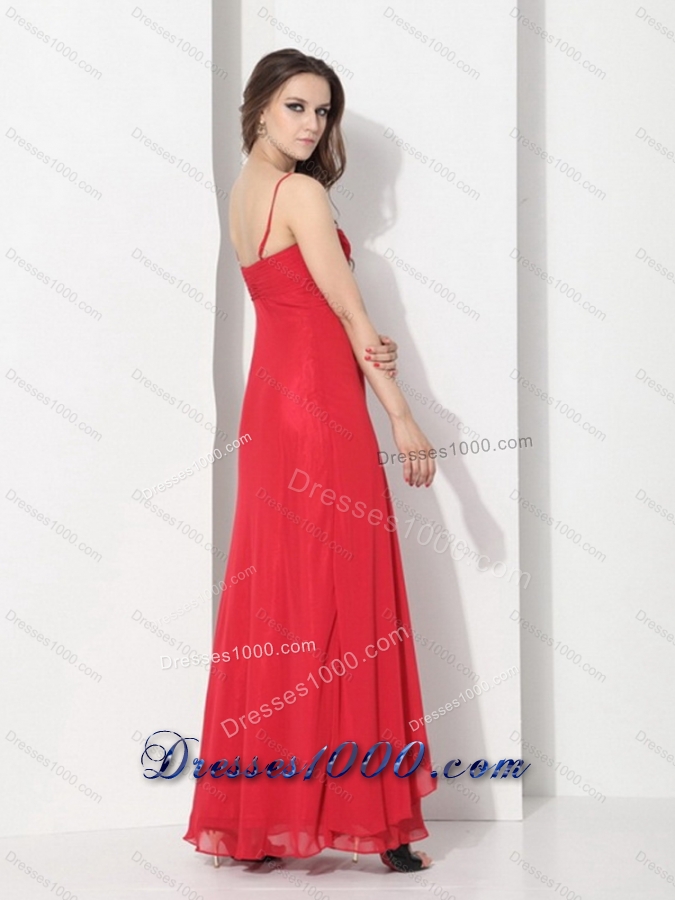 2015 Red Spaghetti Straps Prom Dresses with Ruching and Beading
