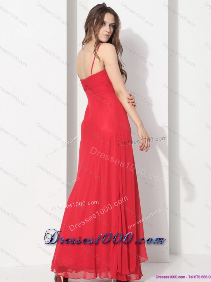 2015 Red Spaghetti Straps Prom Dresses with Ruching and Beading