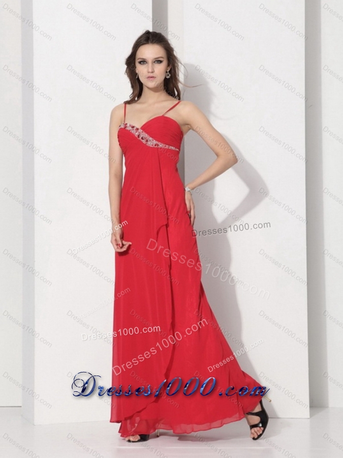 2015 Red Spaghetti Straps Prom Dresses with Ruching and Beading