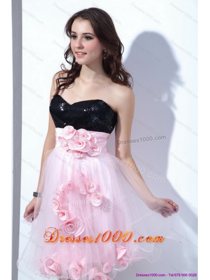2015 Sweetheart Sequins and Hand Made Flowers Prom Dresses in Pink and Black
