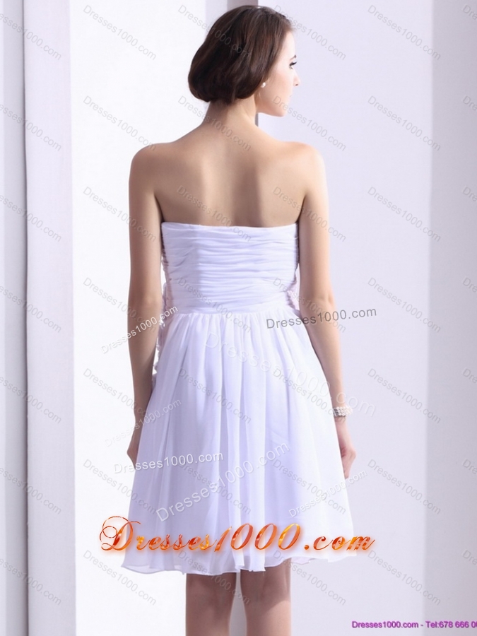 2015 White Strapless Prom Dresses with Ruching and Hand Made Flower