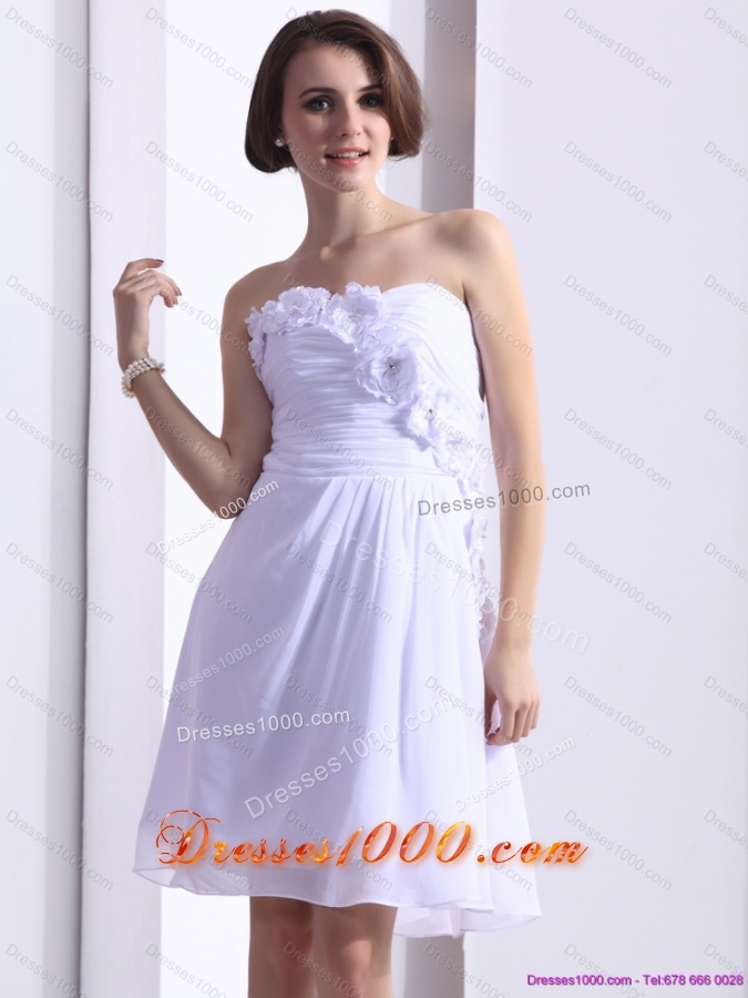 2015 White Strapless Prom Dresses with Ruching and Hand Made Flower