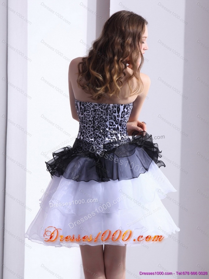 2015 Zebra Printed Sweetheart White Prom Dresses with Ruffled Layers