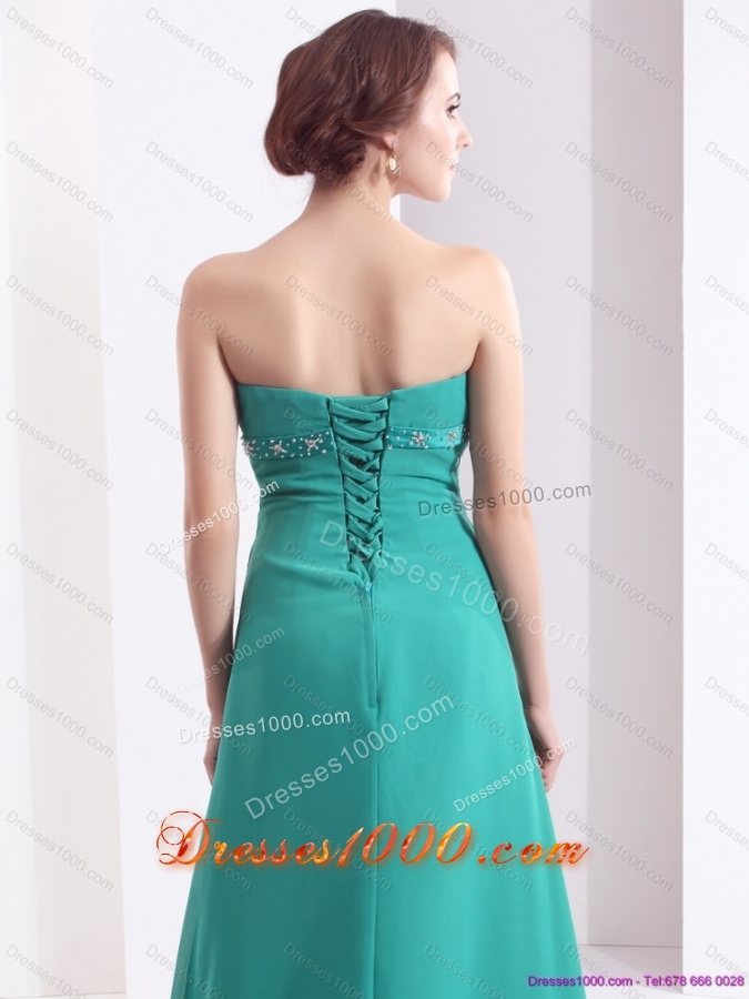 Affordable 2015 Strapless Brush Train Prom Dress with Beading and Ruching