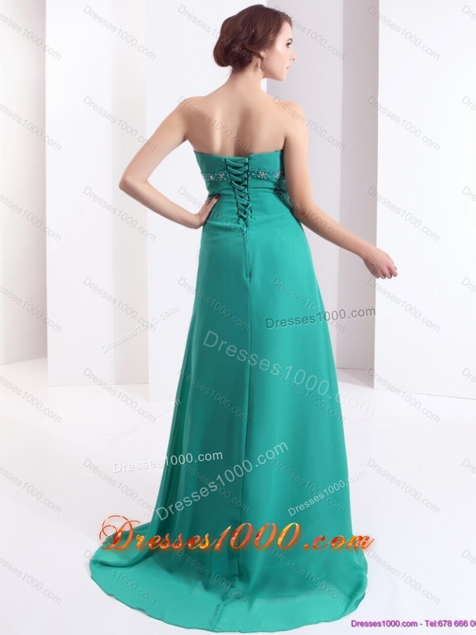 Affordable 2015 Strapless Brush Train Prom Dress with Beading and Ruching