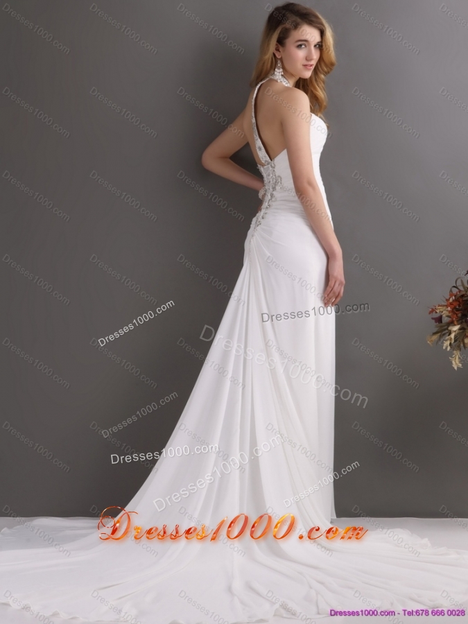 Beautiful 2015 Halter Top White Prom Dress with Ruching and Beading