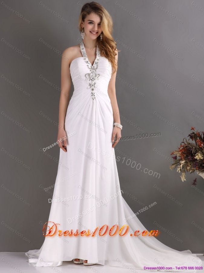 Beautiful 2015 Halter Top White Prom Dress with Ruching and Beading