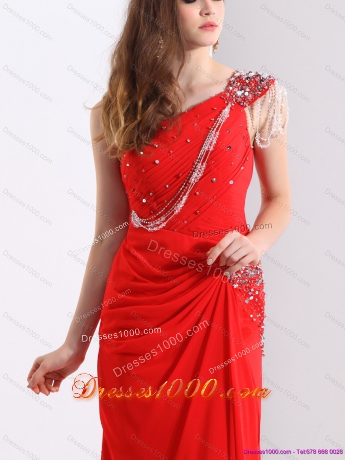 Elegant 2015 One Shoulder Red Prom Dress with Beadings and Brush Train