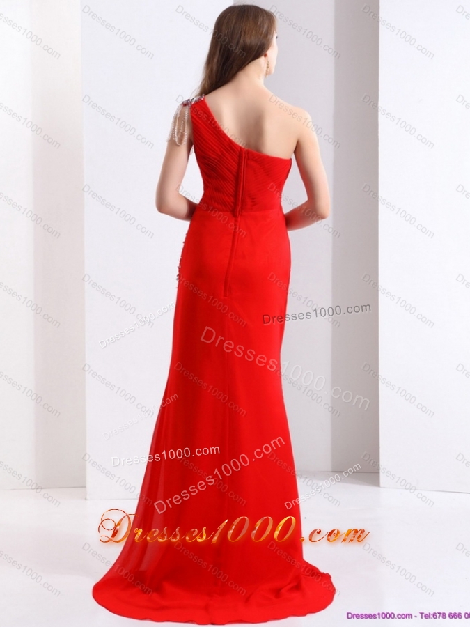 Elegant 2015 One Shoulder Red Prom Dress with Beadings and Brush Train