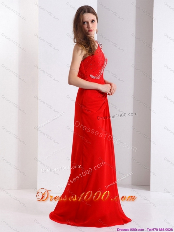 Elegant 2015 One Shoulder Red Prom Dress with Beadings and Brush Train