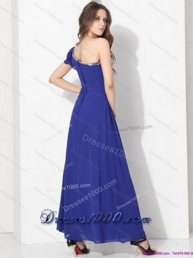 Elegant One Shoulder Blue Prom Dress with Ruching and Beading