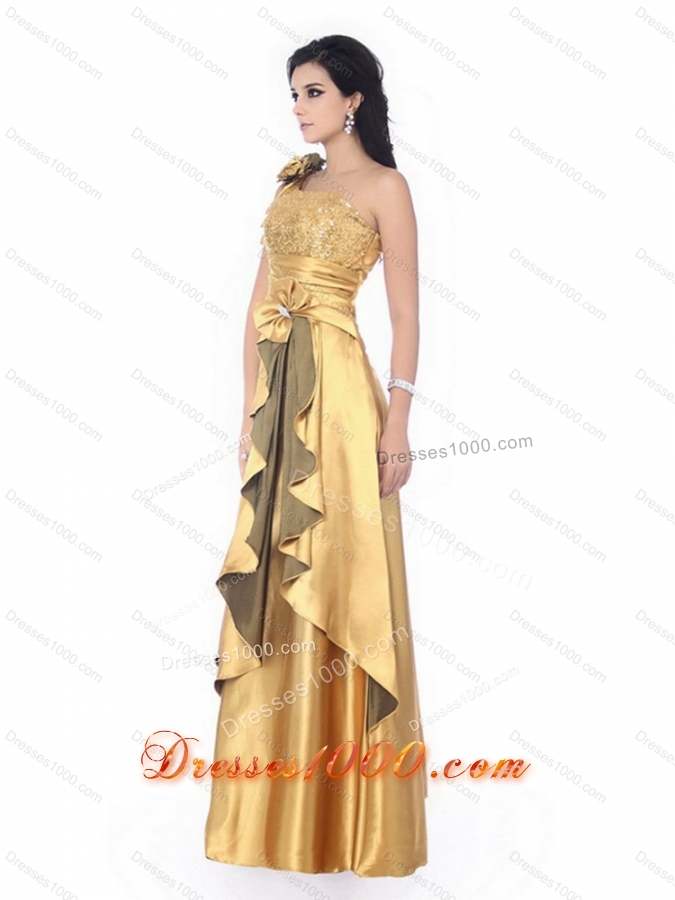 Gorgeous One Shoulder Gold Prom Dress with Hand Made Flowers and Ruching