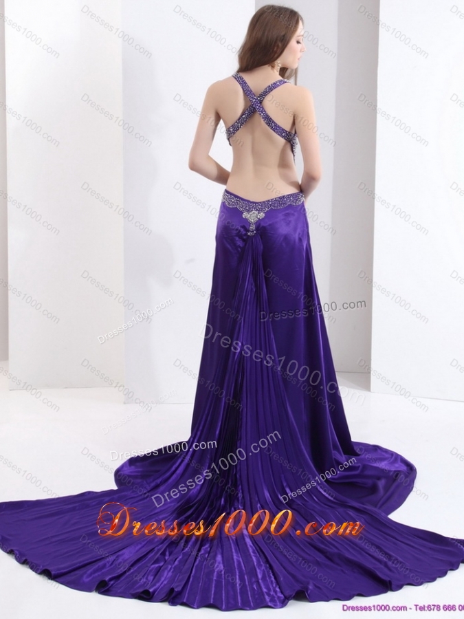 Luxurious 2015 Halter Top Purple Criss Cross Prom Dresses with Court Train