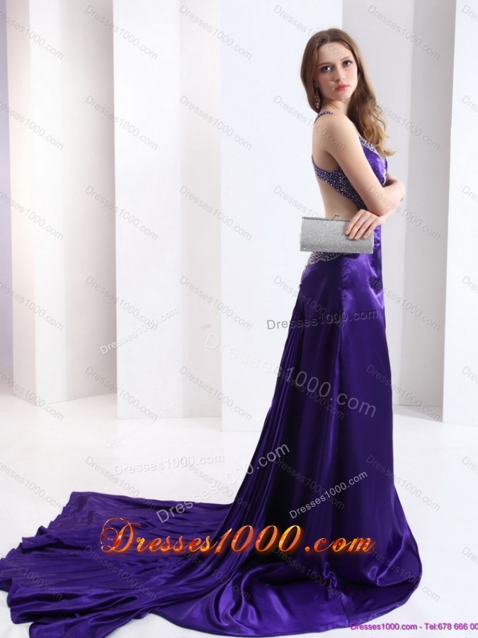 Luxurious 2015 Halter Top Purple Criss Cross Prom Dresses with Court Train