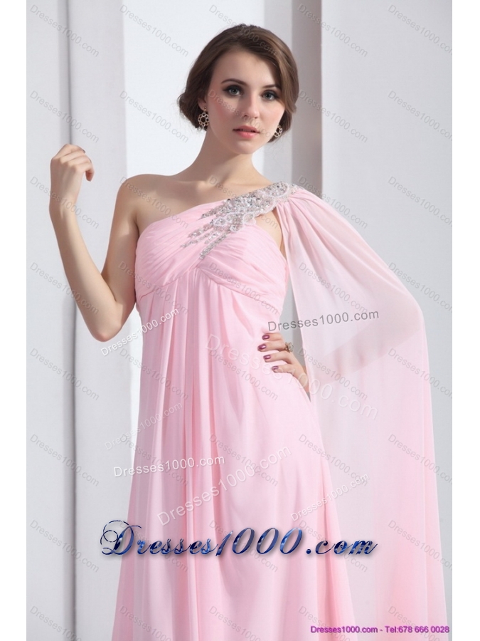 Perfect 2015 One Shoulder Baby Pink Prom Dress with Ruching and Beading