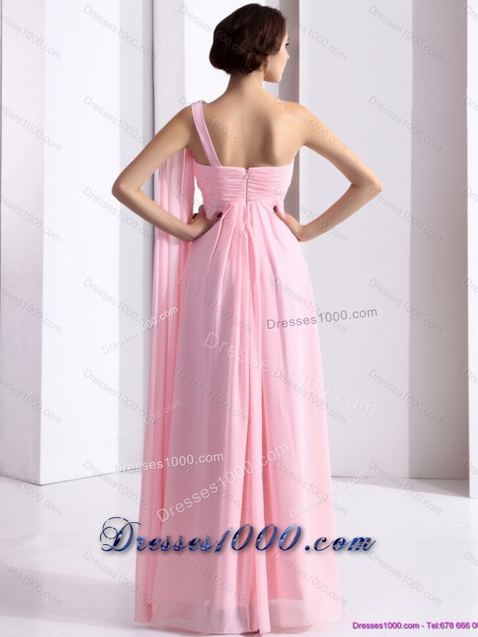 Perfect 2015 One Shoulder Baby Pink Prom Dress with Ruching and Beading