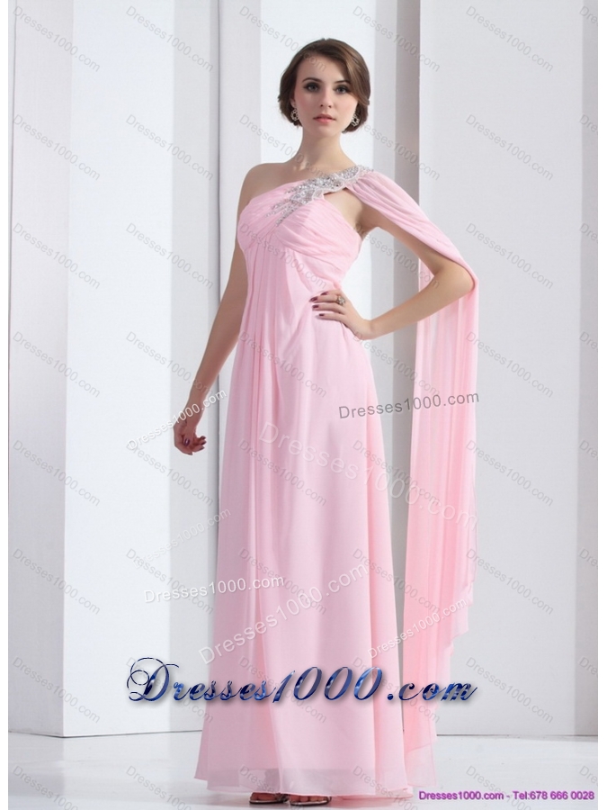 Perfect 2015 One Shoulder Baby Pink Prom Dress with Ruching and Beading