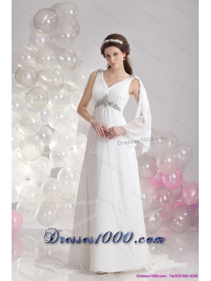 2015 Perfect V Neck Wedding Dress with Beading and Ruching