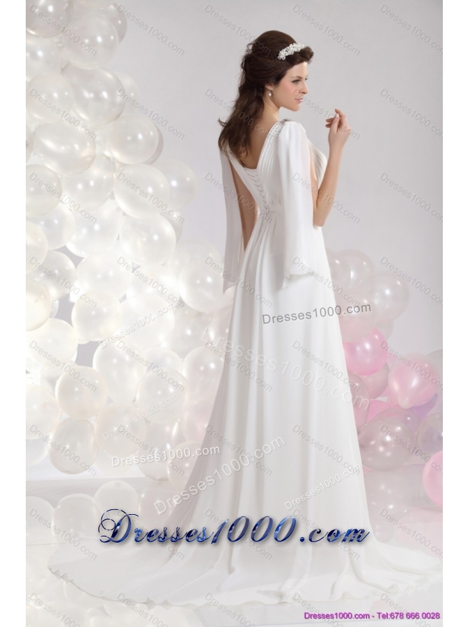 2015 Perfect V Neck Wedding Dress with Beading and Ruching