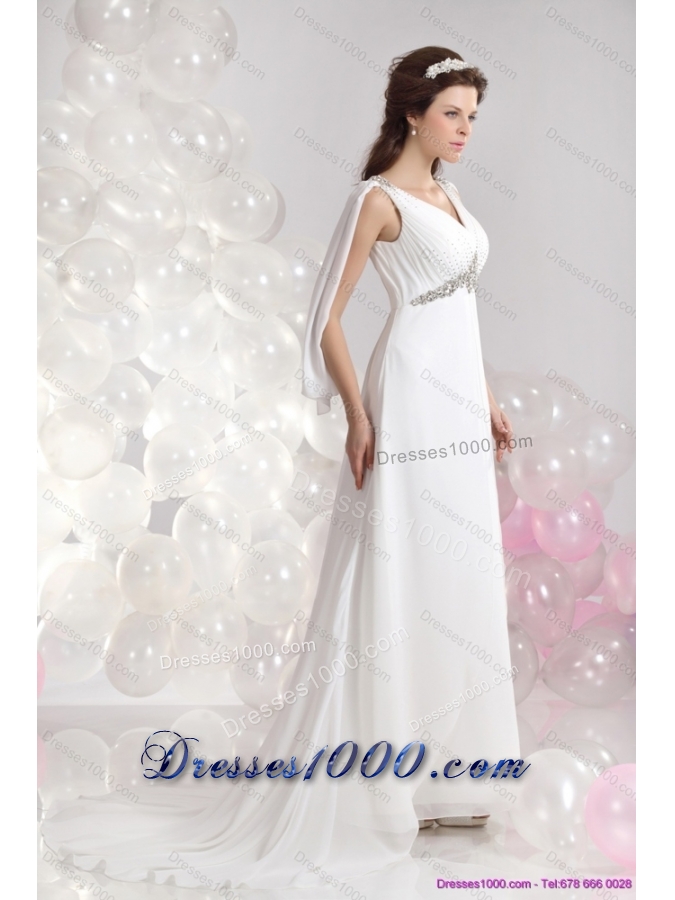 2015 Perfect V Neck Wedding Dress with Beading and Ruching