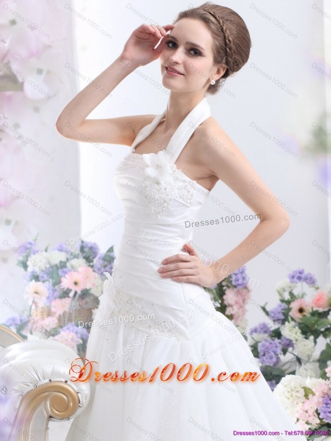 Perfect 2015 Halter Top Wedding Dress with Ruching and Hand Made Flowers