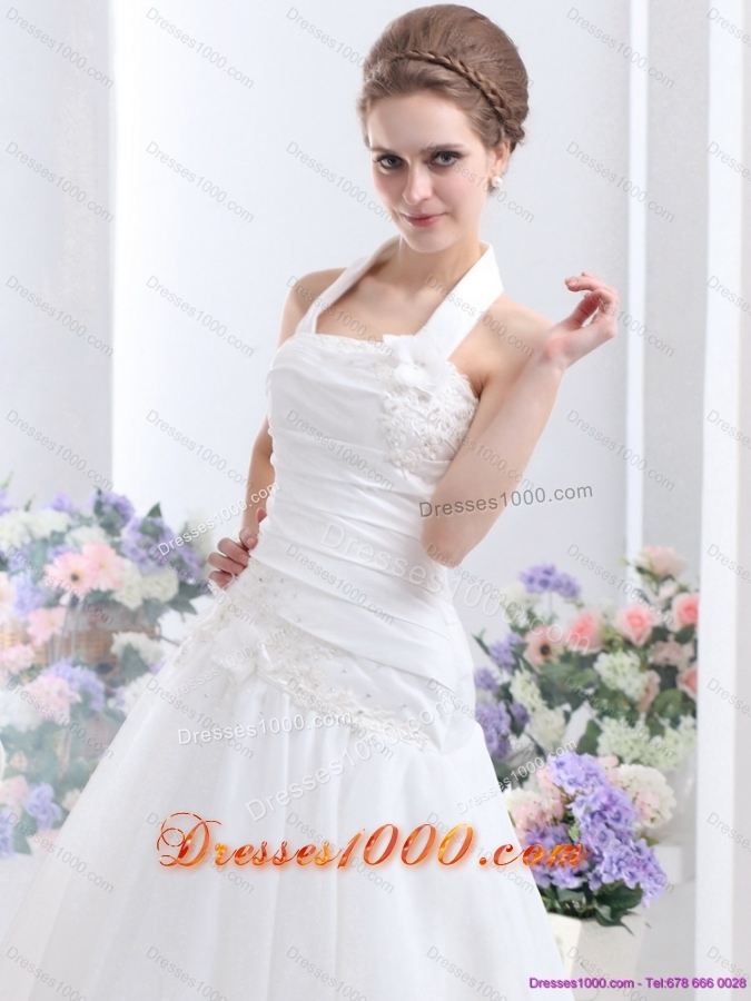 Perfect 2015 Halter Top Wedding Dress with Ruching and Hand Made Flowers